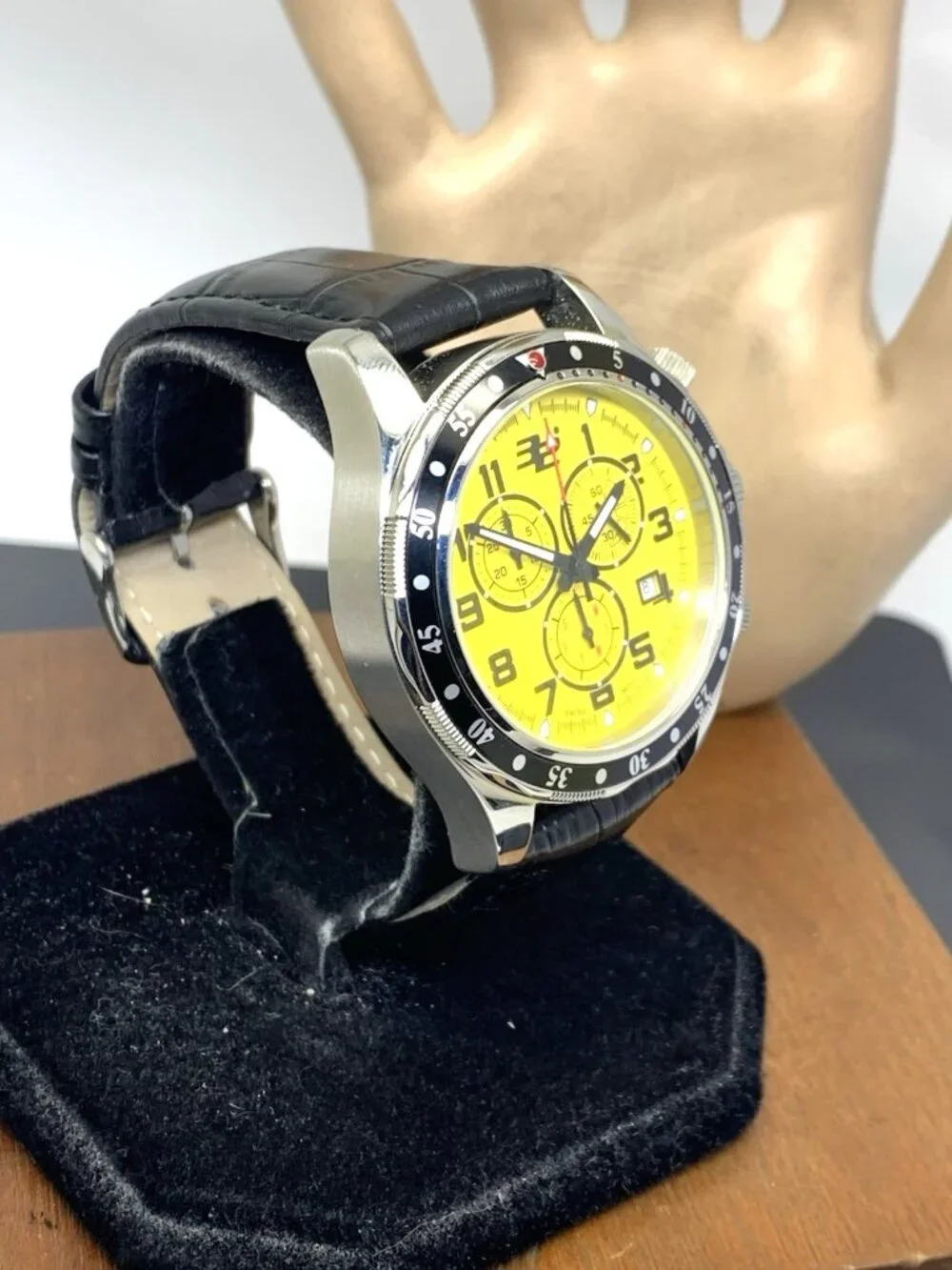 32 Degrees Men's Watch Swiss Quartz Chronograph Yellow Dial Black Leather 43mm